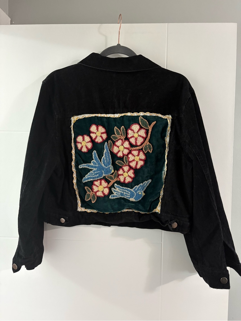 Black Corduroy Upcycled Jacket with Floral & Blue Bird Panel